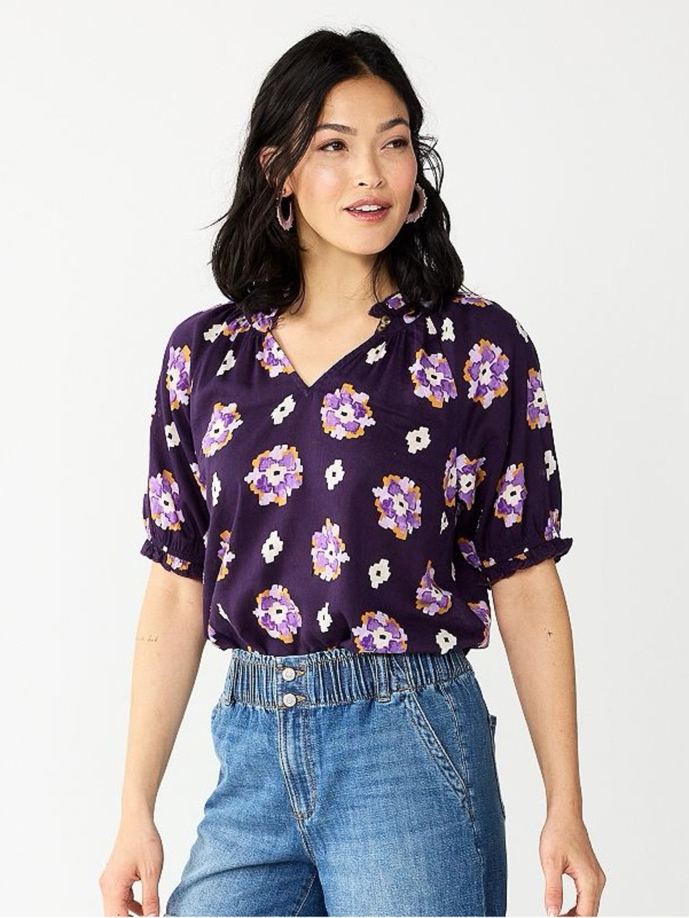 Women's Sonoma Goods For Life Puff Sleeve Top Purple Diamond Floral Medium NWT